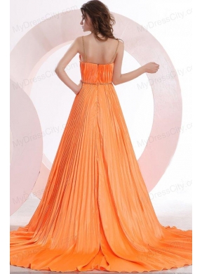 Modest Princes Straps Court Train Taffeta Orange Prom Dress with Ruching