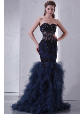 Navy Blue Mermaid Sweetheart Prom Dress with Appliques and Beading