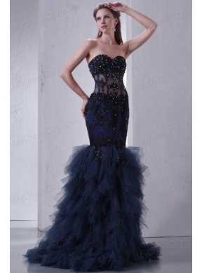 Navy Blue Mermaid Sweetheart Prom Dress with Appliques and Beading