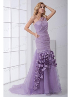 New One Shoulder Lilac Ruching Brush Train Organza Prom Dress with Side Zipper