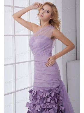 New One Shoulder Lilac Ruching Brush Train Organza Prom Dress with Side Zipper