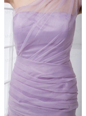 New One Shoulder Lilac Ruching Brush Train Organza Prom Dress with Side Zipper