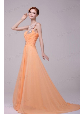 One Shoulder Chiffon Empire Rhinestone Decorate Prom Dress in Orange