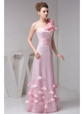 One Shoulder Floor-length Pink Organza Hand Made Flowers Prom Dress