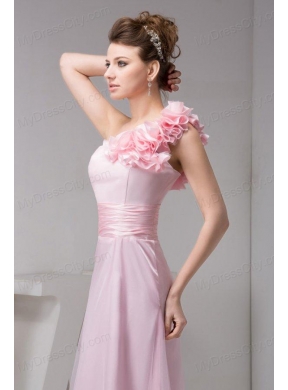 One Shoulder Floor-length Pink Organza Hand Made Flowers Prom Dress