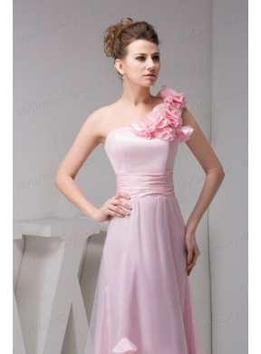 One Shoulder Floor-length Pink Organza Hand Made Flowers Prom Dress