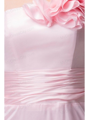 One Shoulder Floor-length Pink Organza Hand Made Flowers Prom Dress