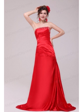 Perfect Column Strapless Brush Train Red Beading and Ruching Prom Dress