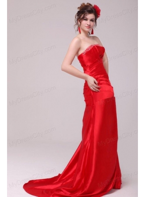 Perfect Column Strapless Brush Train Red Beading and Ruching Prom Dress