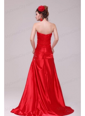 Perfect Column Strapless Brush Train Red Beading and Ruching Prom Dress