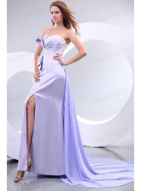 Popular Sweetheart Court Train Elastic Woven Satin Prom Dresses with Beading