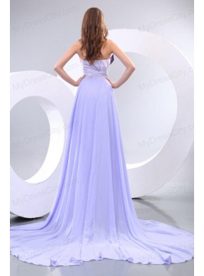 Popular Sweetheart Court Train Elastic Woven Satin Prom Dresses with Beading