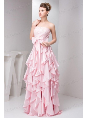 Pretty Empire Strapless Floor-length Taffeta Ruffles and Bowknot Pink Prom Dress