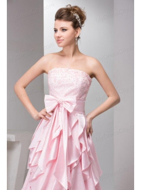 Pretty Empire Strapless Floor-length Taffeta Ruffles and Bowknot Pink Prom Dress