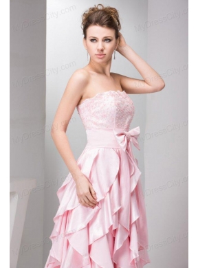 Pretty Empire Strapless Floor-length Taffeta Ruffles and Bowknot Pink Prom Dress