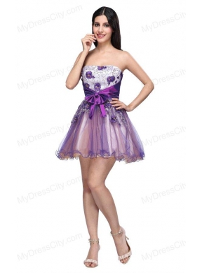 Princess Strapless Appliques Sash Organza Mini-length Prom Dress