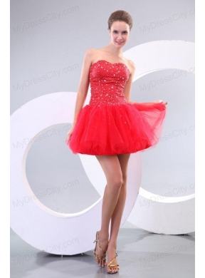 Red A-line Sweetheart Beading Tulle Mini-length Prom Dress