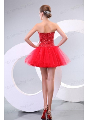 Red A-line Sweetheart Beading Tulle Mini-length Prom Dress