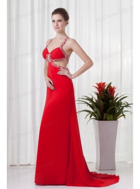 Red Column Straps Brush Train Chiffon Beading Criss Cross Prom Dress