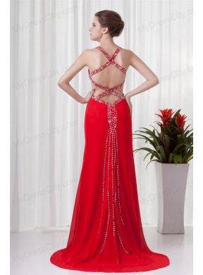 Red Column Straps Brush Train Chiffon Beading Criss Cross Prom Dress