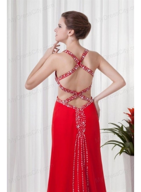 Red Column Straps Brush Train Chiffon Beading Criss Cross Prom Dress