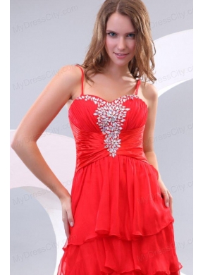 Red Empire Spaghetti Straps Beaded Decorate High-low Prom Dress