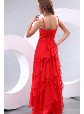 Red Empire Spaghetti Straps Beaded Decorate High-low Prom Dress