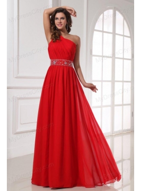 Red One Shoulder Beaded Decorate Waist Floor-length Prom Dress