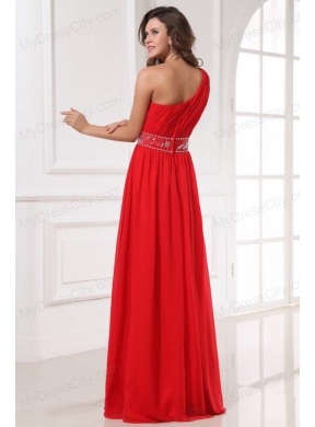 Red One Shoulder Beaded Decorate Waist Floor-length Prom Dress