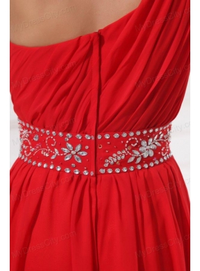 Red One Shoulder Beaded Decorate Waist Floor-length Prom Dress