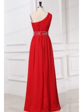 Red One Shoulder Beaded Decorate Waist Floor-length Prom Dress