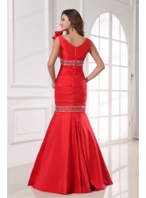 Sexy Mermaid One Shoulder Floor-length Beading Red Taffeta Prom Dress