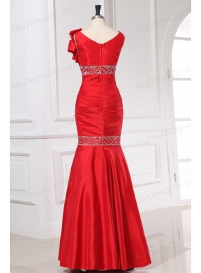 Sexy Mermaid One Shoulder Floor-length Beading Red Taffeta Prom Dress