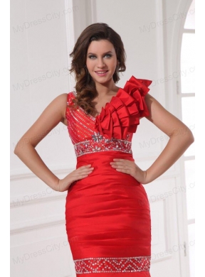 Sexy Mermaid One Shoulder Floor-length Beading Red Taffeta Prom Dress