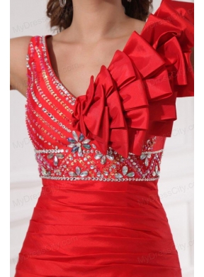 Sexy Mermaid One Shoulder Floor-length Beading Red Taffeta Prom Dress