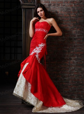 Sexy Mermaid Strapless Brush Train Red Appliques Prom Dress with Lace Up