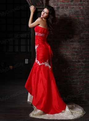 Sexy Mermaid Strapless Brush Train Red Appliques Prom Dress with Lace Up