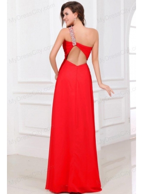 Sexy Red Empire One Shoulder Long Chiffon Beading Prom Dress with Criss Cross