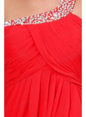 Sexy Red Empire One Shoulder Long Chiffon Beading Prom Dress with Criss Cross