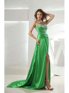 Spring Green Straps Column Elastic Woven Satin Brush Train Beading Prom Dress