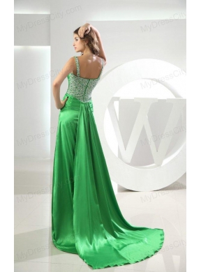 Spring Green Straps Column Elastic Woven Satin Brush Train Beading Prom Dress