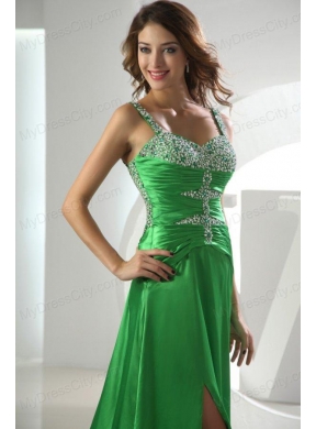 Spring Green Straps Column Elastic Woven Satin Brush Train Beading Prom Dress