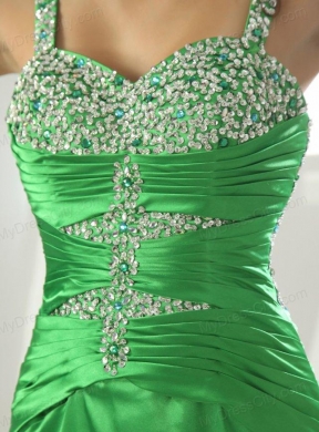 Spring Green Straps Column Elastic Woven Satin Brush Train Beading Prom Dress