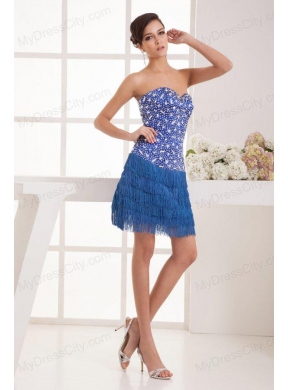 Sweet Blue Column Sweetheart Mini-length Beading Organza Prom Dress