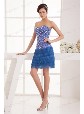 Sweet Blue Column Sweetheart Mini-length Beading Organza Prom Dress