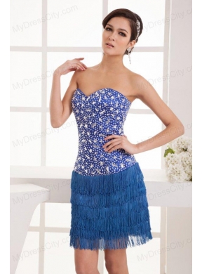 Sweet Blue Column Sweetheart Mini-length Beading Organza Prom Dress