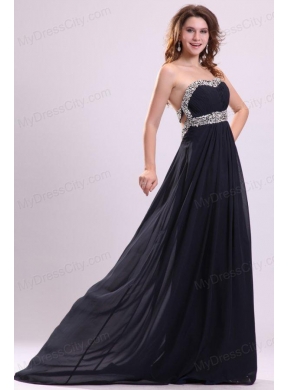 Sweetheart Beaded Navy Blue Prom Dress with Backless Brush Train