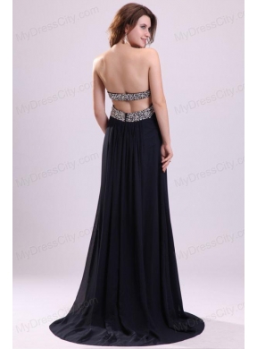 Sweetheart Beaded Navy Blue Prom Dress with Backless Brush Train