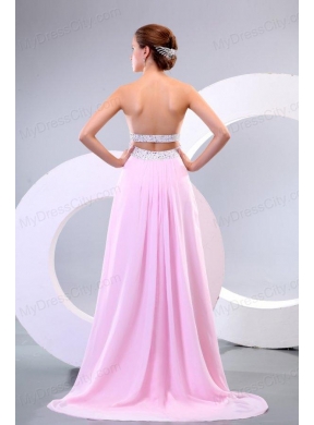 Sweetheart Empire Chiffon Sweep Train Baby Pink Prom Dress with Beading