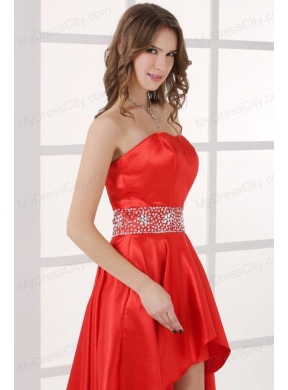 Sweetheart High-low Red Empire Beaded Decorate Waist Prom Dress